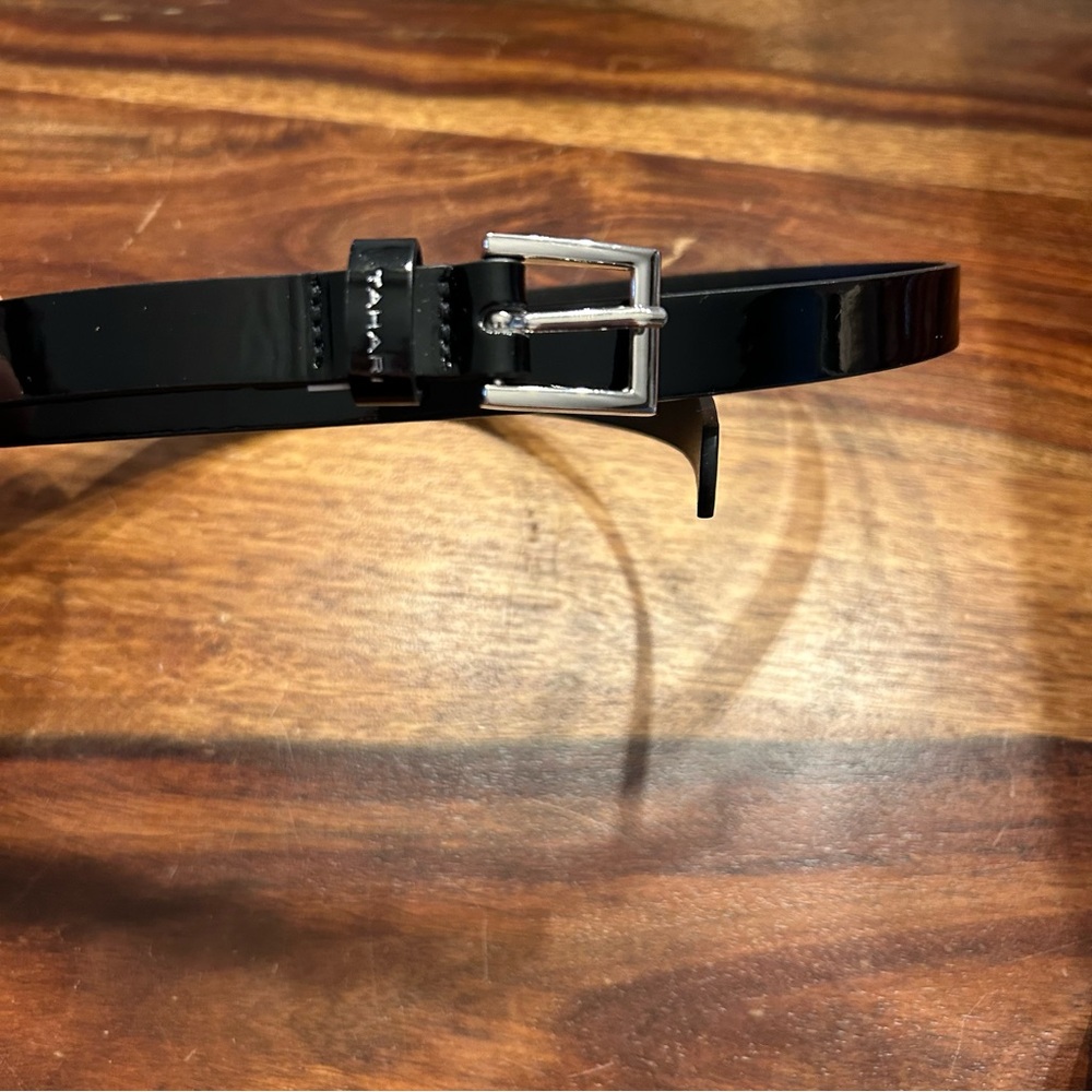 Tahari Glossy Black Belt with Silver Buckle